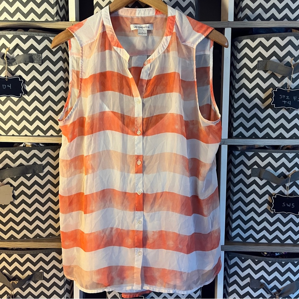 Liz Claiborne Orange and White Striped Button Down Shirt